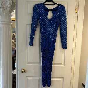 Blue Embellished Ruched Long Sleeve Vintage  Dress